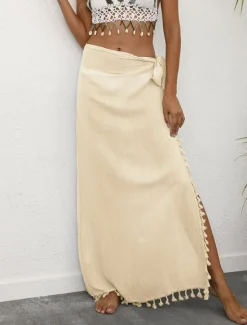Outlet Women's Skirt Wrap Skirt Maxi High Waist Skirts Tassel Fringe Solid Colored Vacation Beach Summer Fashion Beach Wear Casual Black Yellow Apricot Women Skirts