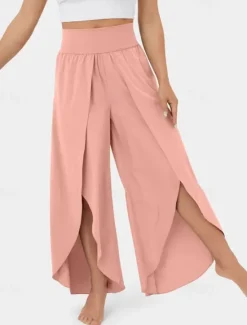 Outlet Women's Slacks Pants Trousers Casual Full Length Natural Plain Elastic Waist Split Comfy Comfortable Outdoor Going out carmine Dark red Forest Green Light Sky Blue Summer Regular Fit Women Pants