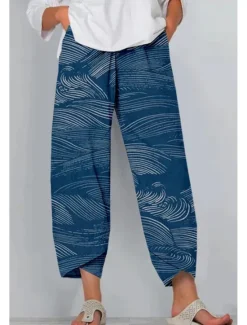 Clearance Women's Slacks Vacation Vintage Ethnic Style Full Length High Waist Floral Graphic Geometic Elastic Waistband Comfy Breathability Soft High Elasticity Outdoor Street Daily Navy Blue Blue Purple Women Pants