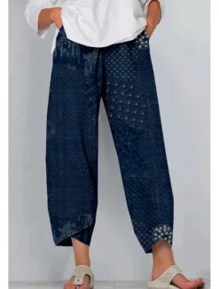 Clearance Women's Slacks Vacation Vintage Ethnic Style Full Length High Waist Floral Graphic Geometic Elastic Waistband Comfy Breathability Soft High Elasticity Outdoor Street Daily Navy Blue Blue Purple Women Pants