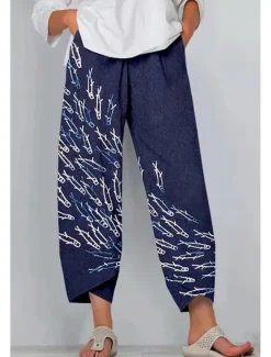 Clearance Women's Slacks Vacation Vintage Ethnic Style Full Length High Waist Floral Graphic Geometic Elastic Waistband Comfy Breathability Soft High Elasticity Outdoor Street Daily Navy Blue Blue Purple Women Pants