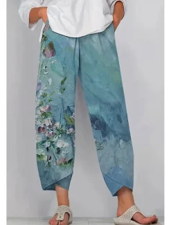 Discount Women's Slacks Vacation Vintage Ethnic Style Ankle-Length High Waist Floral Graphic Geometic Elastic Waistband Comfy Breathability Soft Inelastic Formal Outdoor Vacation Navy Blue Blue Summer Spring Women Pants