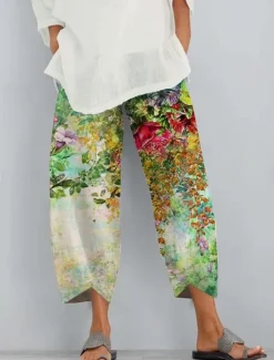 Online Women's Slacks Vacation Vintage Ethnic Style Ankle-Length High Waist Floral Graphic Elastic Waistband Comfy Breathability Soft Inelastic Outdoor Street Daily Light Green Pink Green Summer Spring Women Pants