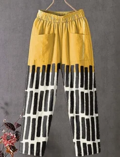 Clearance Women's Slacks Vacation Vintage Ethnic Style Ankle-Length High Waist Geometric Striped Abstract Pocket Comfy Breathability Lightweight Inelastic Outdoor Vacation Causal Yellow Khaki Summer Spring Women Pants