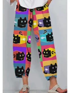 Clearance Women's Slacks Vacation Vintage Ethnic Style Ankle-Length High Waist Graphic Animal Cat Elastic Waistband Comfy Breathability Soft Inelastic Outdoor Street Daily Black Brown Summer Spring Loose Fit Women Pants