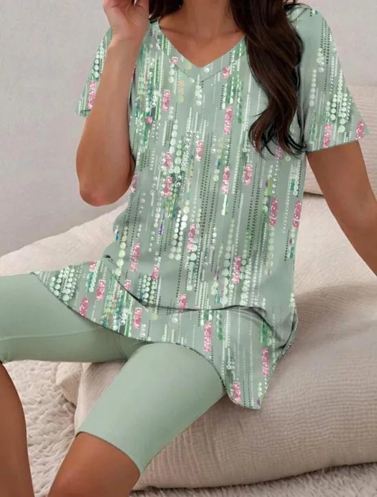 Sale Women's Sleepwear Casual Two-Piece Set Floral Stripe Print Short Sleeve V-Neck Top with Capri Leggings Spring Summer Comfort Fit Pastel Mint Green Regular Plus Size Lounge Outfit Women Sleepwear