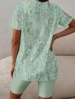 Sale Women's Sleepwear Casual Two-Piece Set Floral Stripe Print Short Sleeve V-Neck Top with Capri Leggings Spring Summer Comfort Fit Pastel Mint Green Regular Plus Size Lounge Outfit Women Sleepwear
