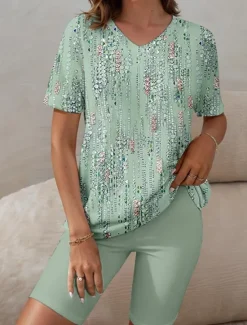 Sale Women's Sleepwear Casual Two-Piece Set Floral Stripe Print Short Sleeve V-Neck Top with Capri Leggings Spring Summer Comfort Fit Pastel Mint Green Regular Plus Size Lounge Outfit Women Sleepwear