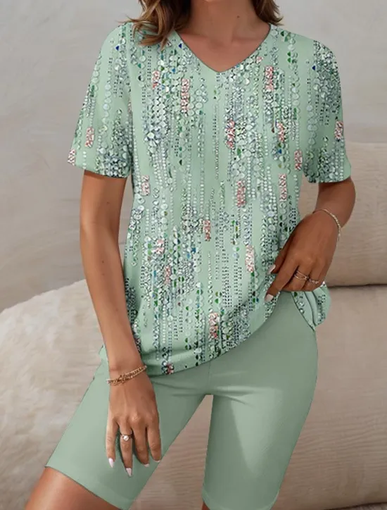 Sale Women's Sleepwear Casual Two-Piece Set Floral Stripe Print Short Sleeve V-Neck Top with Capri Leggings Spring Summer Comfort Fit Pastel Mint Green Regular Plus Size Lounge Outfit Women Sleepwear