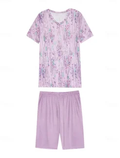 Sale Women's Sleepwear Casual Two-Piece Set Floral Stripe Print Short Sleeve V-Neck Top with Capri Leggings Spring Summer Comfort Fit Pastel Mint Green Regular Plus Size Lounge Outfit Women Sleepwear