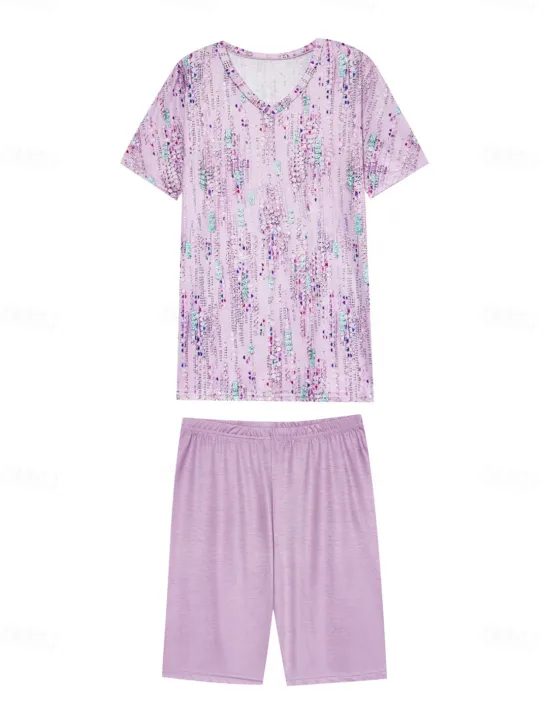 Sale Women's Sleepwear Casual Two-Piece Set Floral Stripe Print Short Sleeve V-Neck Top with Capri Leggings Spring Summer Comfort Fit Pastel Mint Green Regular Plus Size Lounge Outfit Women Sleepwear