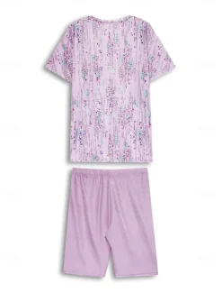 Sale Women's Sleepwear Casual Two-Piece Set Floral Stripe Print Short Sleeve V-Neck Top with Capri Leggings Spring Summer Comfort Fit Pastel Mint Green Regular Plus Size Lounge Outfit Women Sleepwear