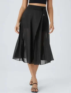 Clearance Women's Slim Casual Midi High Rise Skirts Pocket Micro-elastic Black Blue Orange Spring, Fall, Winter, Summer Tulle Women Skirts