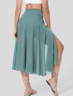 Clearance Women's Slim Casual Midi High Rise Skirts Pocket Micro-elastic Black Blue Orange Spring, Fall, Winter, Summer Tulle Women Skirts