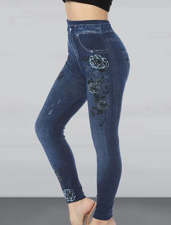 Clearance Women's Slim Leggings Cropped Pants Fashion Streetwear Casual Ankle-Length High Waist Flower Pocket Print High Cut Breathability Comfortable High Elasticity Street Causal Daily Red Blue Summer Fall Women Leggings