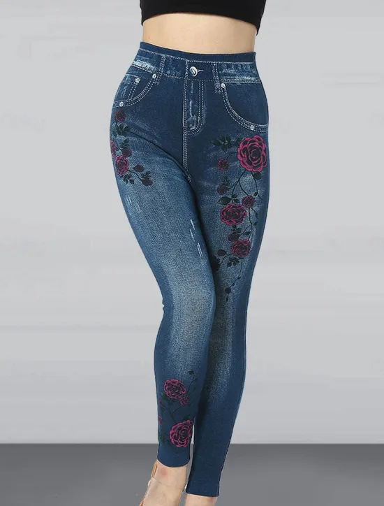 Clearance Women's Slim Leggings Cropped Pants Fashion Streetwear Casual Ankle-Length High Waist Flower Pocket Print High Cut Breathability Comfortable High Elasticity Street Causal Daily Red Blue Summer Fall Women Leggings
