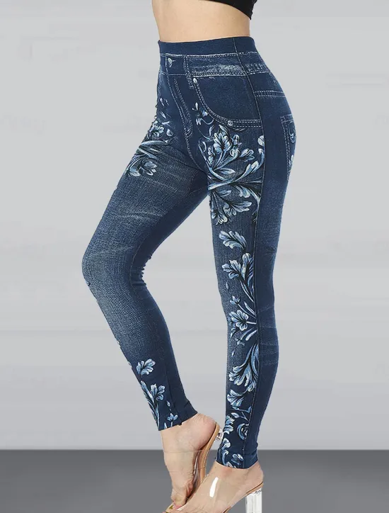 Clearance Women's Slim Leggings Cropped Pants Fashion Streetwear Casual Ankle-Length High Waist Flower Pocket Print High Cut Breathability Comfortable High Elasticity Street Causal Daily Red Blue Summer Fall Women Leggings