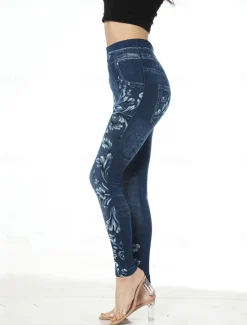 Clearance Women's Slim Leggings Cropped Pants Fashion Streetwear Casual Ankle-Length High Waist Flower Pocket Print High Cut Breathability Comfortable High Elasticity Street Causal Daily Red Blue Summer Fall Women Leggings