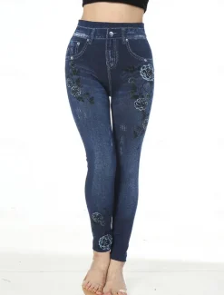 Clearance Women's Slim Leggings Cropped Pants Fashion Streetwear Casual Ankle-Length High Waist Flower Pocket Print High Cut Breathability Comfortable High Elasticity Street Causal Daily Red Blue Summer Fall Women Leggings