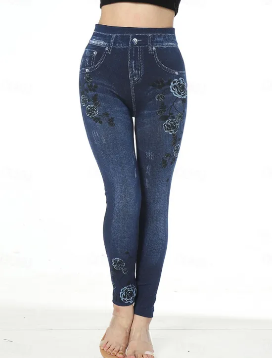 Clearance Women's Slim Leggings Cropped Pants Fashion Streetwear Casual Ankle-Length High Waist Flower Pocket Print High Cut Breathability Comfortable High Elasticity Street Causal Daily Red Blue Summer Fall Women Leggings