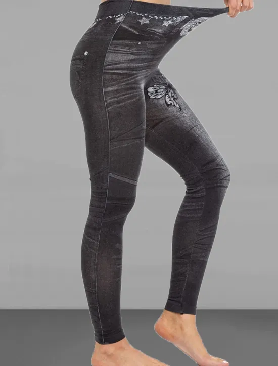 Online Women's Slim Pants Trousers Leggings Fashion Streetwear Casual Full Length High Waist Butterfly Pocket Print High Cut Breathability Comfortable High Elasticity Street Causal Daily Black Blue Summer Women Leggings