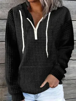 Discount Women's Solid Color Basic Long Sleeve Hoodie Half Zip Regular Tops Street Casual Front Pocket Quarter Zip Black White Pink Khaki Dark Blue Fall & Winter Women Hoodies & Sweatshirts