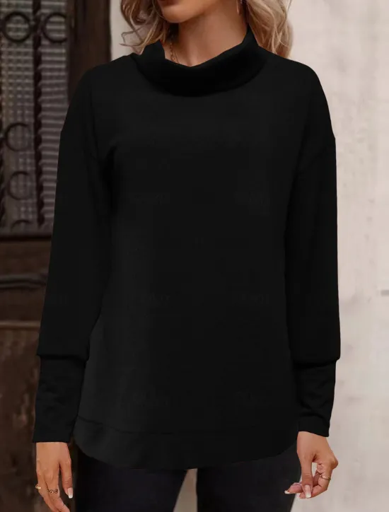 Best Women's Solid Color Fashion Long Sleeve Turtleneck Pile Neck Regular Tops Casual Sports Black Pink Wine Orange Khaki Fall & Winter Women Hoodies & Sweatshirts