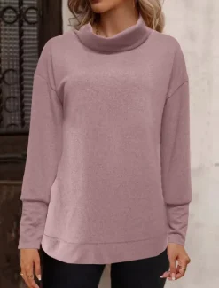 Best Women's Solid Color Fashion Long Sleeve Turtleneck Pile Neck Regular Tops Casual Sports Black Pink Wine Orange Khaki Fall & Winter Women Hoodies & Sweatshirts