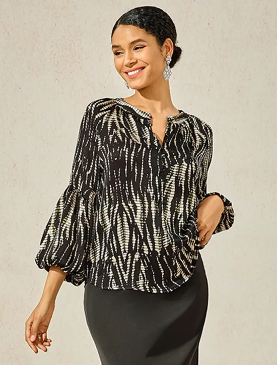 New Women's Spotted Print Chiffon Shirt Lantern Sleeve Notched Collar Buttoned Blouse Women Chiffon Tops