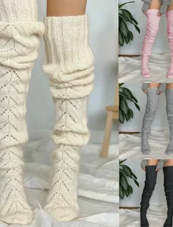 Best Women's Stockings Thigh-High Crimping Socks Winter Tights Thermal Warm High Elasticity Hole Winter Black Pink Grey One-Size Women Socks