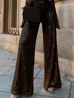 New Women's Straight Fashion Trousers Full Length Natural Sequins Wide Leg Micro-elastic Party Work Silver Black 1# All Seasons Loose Fit Women Pants