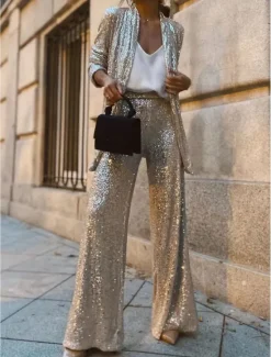 New Women's Straight Fashion Trousers Full Length Natural Sequins Wide Leg Micro-elastic Party Work Silver Black 1# All Seasons Loose Fit Women Pants