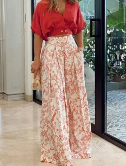 Women's Streetwear Basic Shirt Crop Top Pants Sets Short Sleeve V Neck Floral Print Casual Daily Black Red Blue Fall & Winter Regular Fit Women Spring Tops
