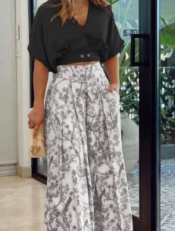 Women's Streetwear Basic Shirt Crop Top Pants Sets Short Sleeve V Neck Floral Print Casual Daily Black Red Blue Fall & Winter Regular Fit Women Spring Tops