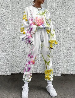 New Women's Streetwear Basic T Shirt Tracksuit Pants Sets Long Sleeve Crew Neck Floral Drawstring Print Vacation Casual Daily White Yellow Red Fall & Winter Loose Fit Women Two Piece Sets|Spring Tops