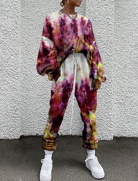 New Women's Streetwear Basic T Shirt Tracksuit Pants Sets Long Sleeve Crew Neck Floral Drawstring Print Vacation Casual Daily White Yellow Red Fall & Winter Loose Fit Women Two Piece Sets|Spring Tops