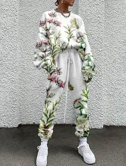 New Women's Streetwear Basic T Shirt Tracksuit Pants Sets Long Sleeve Crew Neck Floral Drawstring Print Vacation Casual Daily White Yellow Red Fall & Winter Loose Fit Women Two Piece Sets|Spring Tops