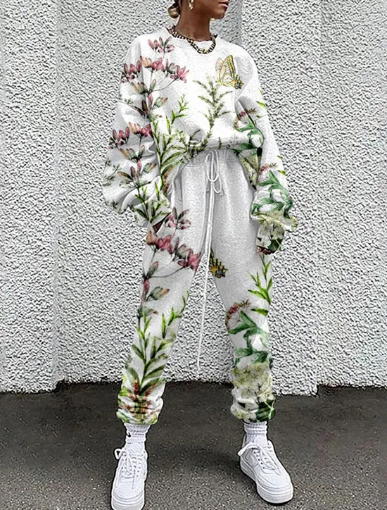 New Women's Streetwear Basic T Shirt Tracksuit Pants Sets Long Sleeve Crew Neck Floral Drawstring Print Vacation Casual Daily White Yellow Red Fall & Winter Loose Fit Women Two Piece Sets|Spring Tops
