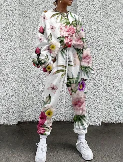 New Women's Streetwear Basic T Shirt Tracksuit Pants Sets Long Sleeve Crew Neck Floral Drawstring Print Vacation Casual Daily White Yellow Red Fall & Winter Loose Fit Women Two Piece Sets|Spring Tops