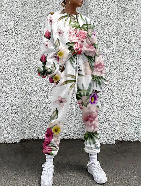 New Women's Streetwear Basic T Shirt Tracksuit Pants Sets Long Sleeve Crew Neck Floral Drawstring Print Vacation Casual Daily White Yellow Red Fall & Winter Loose Fit Women Two Piece Sets|Spring Tops