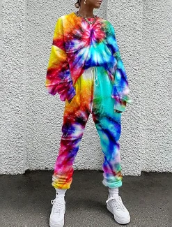 Women's Streetwear Basic T Shirt Tracksuit Pants Sets Long Sleeve Crew Neck Tie Dye Drawstring Print Vacation Casual Daily Red Blue Green Fall & Winter Loose Fit Women Two Piece Sets