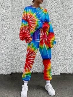 Women's Streetwear Basic T Shirt Tracksuit Pants Sets Long Sleeve Crew Neck Tie Dye Drawstring Print Vacation Casual Daily Red Blue Green Fall & Winter Loose Fit Women Two Piece Sets