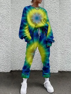 Women's Streetwear Basic T Shirt Tracksuit Pants Sets Long Sleeve Crew Neck Tie Dye Drawstring Print Vacation Casual Daily Red Blue Green Fall & Winter Loose Fit Women Two Piece Sets