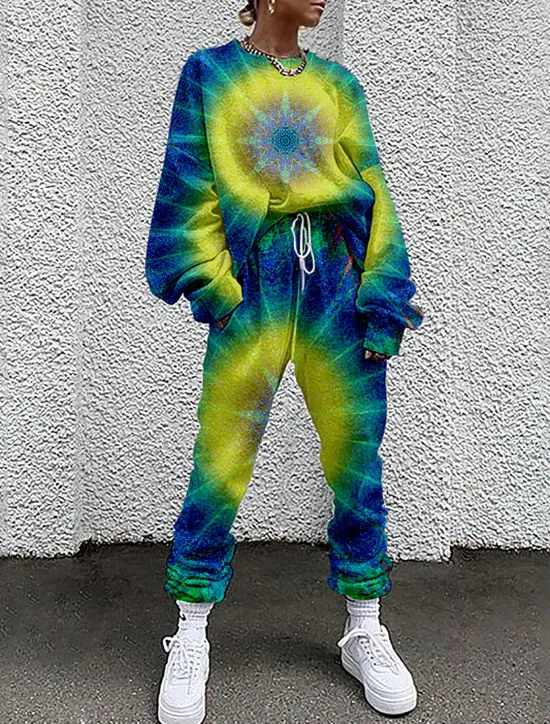 Women's Streetwear Basic T Shirt Tracksuit Pants Sets Long Sleeve Crew Neck Tie Dye Drawstring Print Vacation Casual Daily Red Blue Green Fall & Winter Loose Fit Women Two Piece Sets