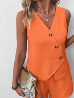 Outlet Women's Streetwear Daily Blouse Shorts Sets Sleeveless V Neck Solid Color Dubbele Rij Knopen Outdoor Vacation Light Green Dark Navy Orange Summer Regular Fit Women Two Piece Sets