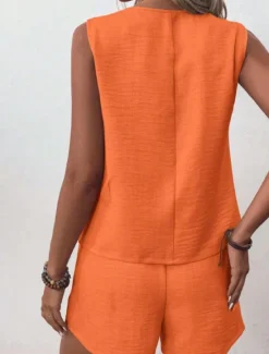 Outlet Women's Streetwear Daily Blouse Shorts Sets Sleeveless V Neck Solid Color Dubbele Rij Knopen Outdoor Vacation Light Green Dark Navy Orange Summer Regular Fit Women Two Piece Sets