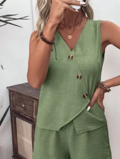 Outlet Women's Streetwear Daily Blouse Shorts Sets Sleeveless V Neck Solid Color Dubbele Rij Knopen Outdoor Vacation Light Green Dark Navy Orange Summer Regular Fit Women Two Piece Sets