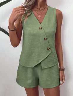 Outlet Women's Streetwear Daily Blouse Shorts Sets Sleeveless V Neck Solid Color Dubbele Rij Knopen Outdoor Vacation Light Green Dark Navy Orange Summer Regular Fit Women Two Piece Sets