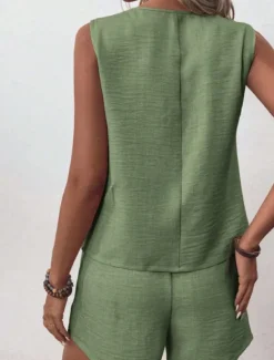 Outlet Women's Streetwear Daily Blouse Shorts Sets Sleeveless V Neck Solid Color Dubbele Rij Knopen Outdoor Vacation Light Green Dark Navy Orange Summer Regular Fit Women Two Piece Sets