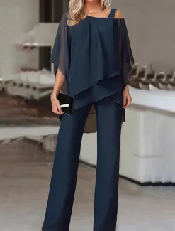 Online Women's Streetwear Daily Shirt Pants Sets Wide Leg Pants Trousers Jumpsuit Short Sleeve One Shoulder Solid Color Casual Daily White Dark Navy Blue Fall & Winter Regular Fit Women Two Piece Sets